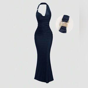 SHEIN Navy Halter Maxi Dress with Gold Accent